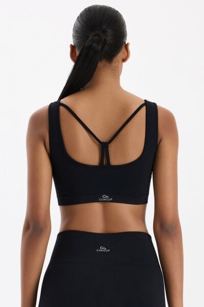 Sırtı Askı Detaylı Pedli Sporcu Sütyeni Siyah