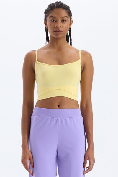 Çift Katlı Görünen İnce Askılı Crop Top Güneş Sarısı