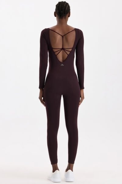 Sırtı Açık Uzun Spor Tulum Burgundy
