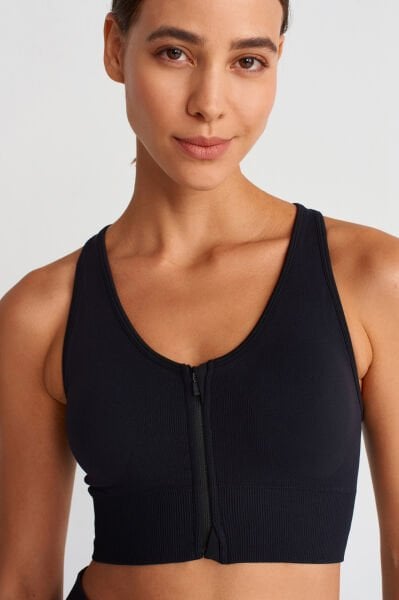 Önden Fermuarlı Pedli Sporcu Sütyeni Siyah