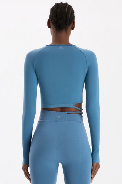Tokalı Parmak Geçmeli Crop Top Kozmoz Mavi