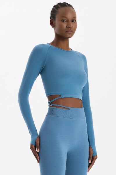 Tokalı Parmak Geçmeli Crop Top Kozmoz Mavi