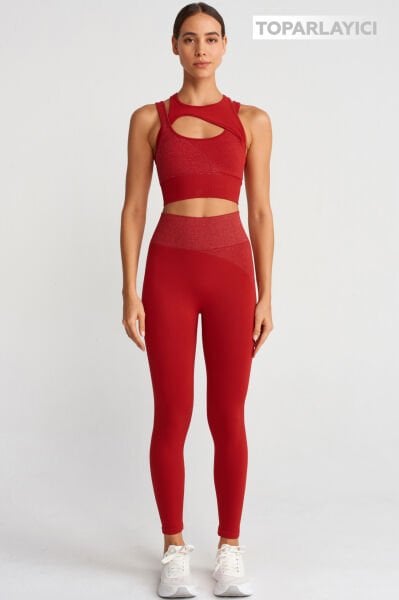 Parlak Simli Toparlayıcı Tayt Kırmızı