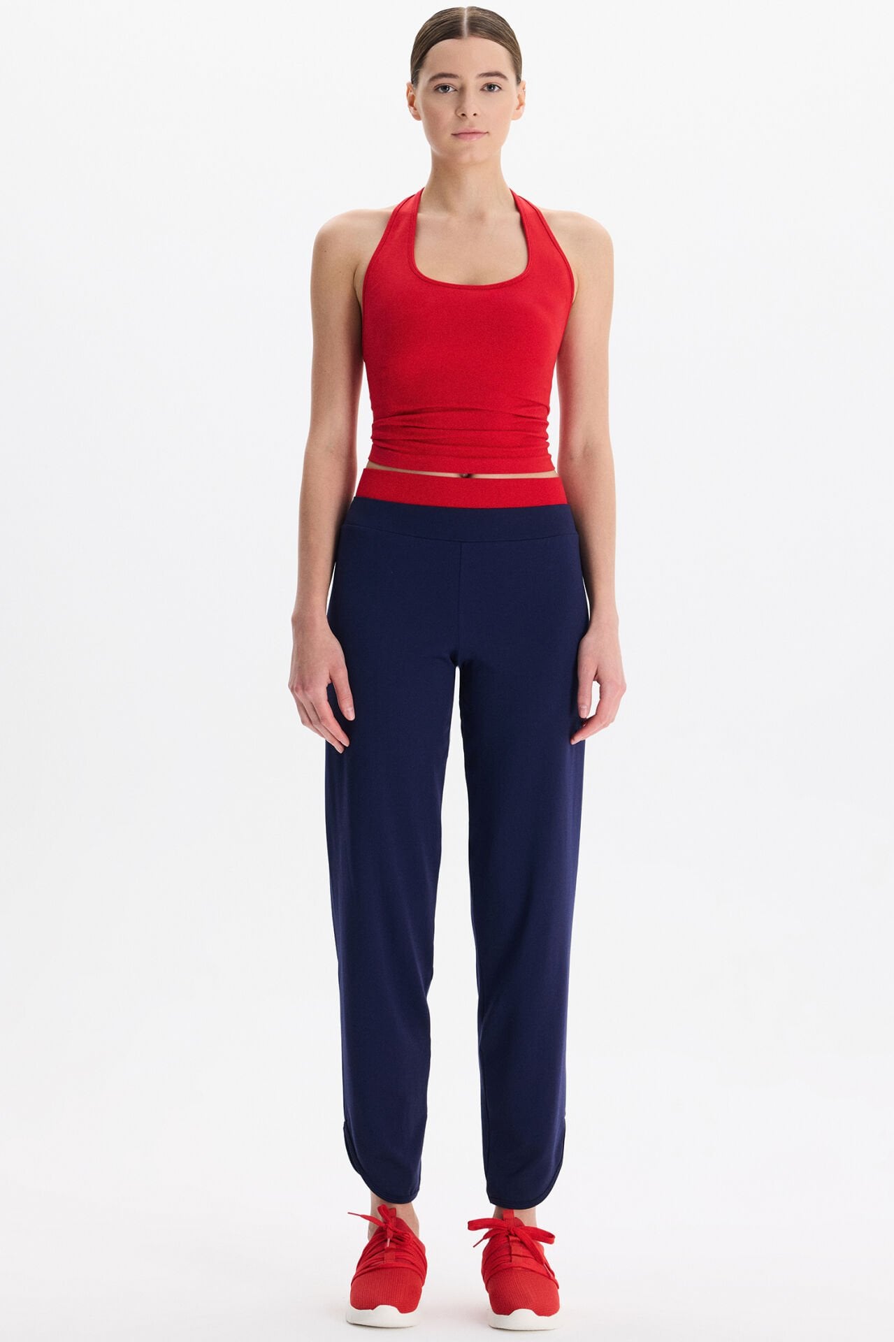 Beli Çift Renk Kemerli Hafif Dokulu Rahat Pantolon Oxford Blue Kemer Rengi Goji Berry