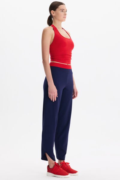 Beli Çift Renk Kemerli Hafif Dokulu Rahat Pantolon Oxford Blue Kemer Rengi Goji Berry