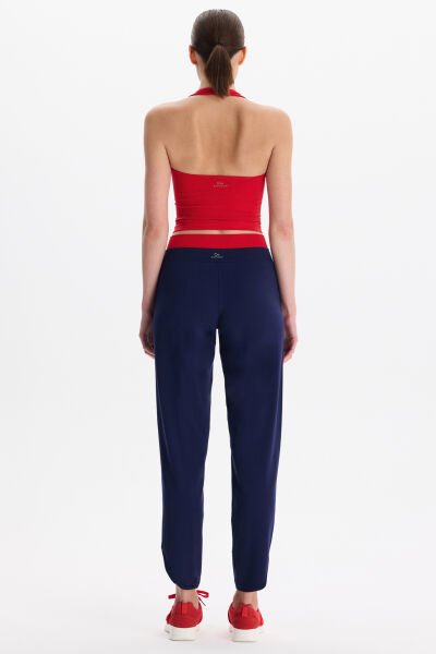 Beli Çift Renk Kemerli Hafif Dokulu Rahat Pantolon Oxford Blue Kemer Rengi Goji Berry