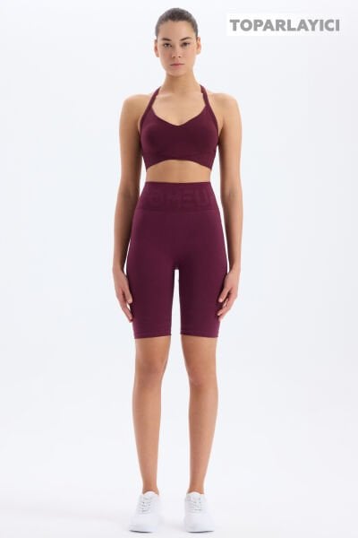 Beli Comeup Yazılı Toparlayıcı Biker Şort Mürdüm
