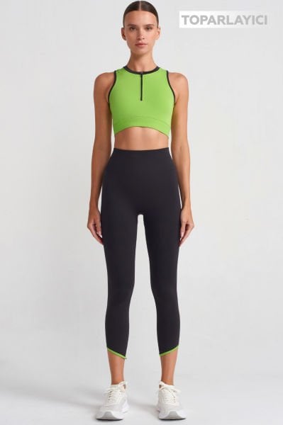 Biye Detaylı Toparlayıcı Tayt Küllü Siyah Egzotik Yeşil