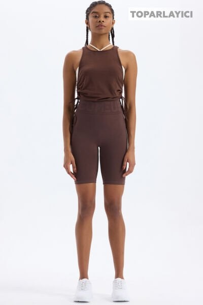 Beli Comeup Yazılı Toparlayıcı Biker Şort Kakao Kahve
