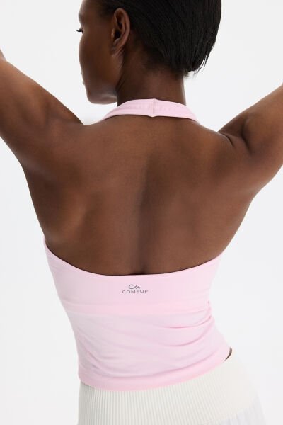Halter Yaka Göğüs Pedli Crop Atlet Balerina Pembe