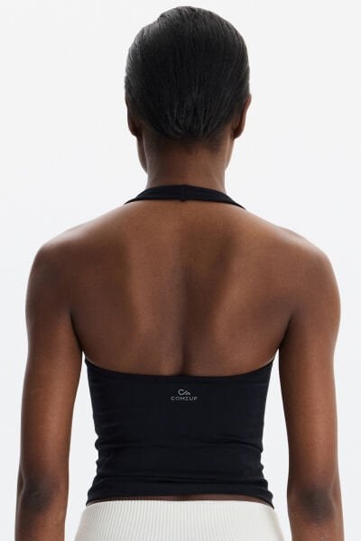 Halter Yaka Göğüs Pedli Crop Atlet Siyah