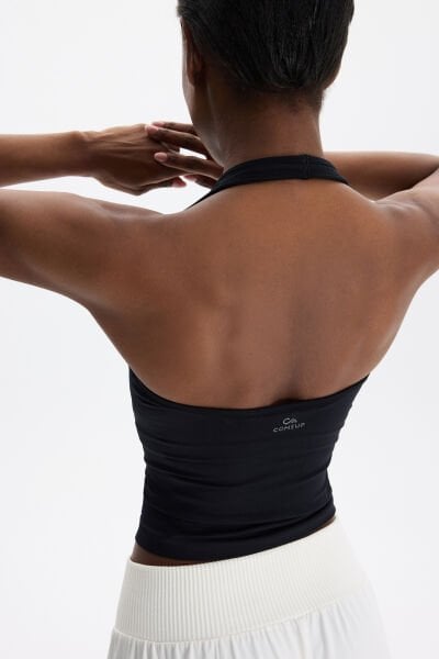 Halter Yaka Göğüs Pedli Crop Atlet Siyah
