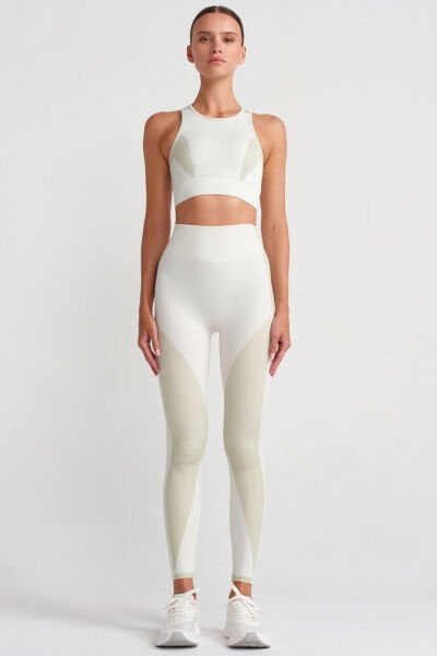 İnce Fitilli Grafik Detaylı Tayt Bej Yeşil