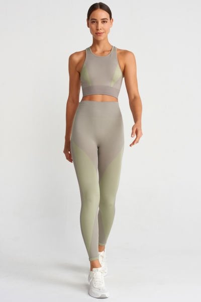 İnce Fitilli Grafik Detaylı Tayt Mahlep Tozu Yeşil