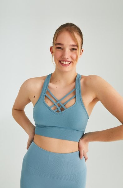 Biye Detaylı Spor Sütyeni Açık Mavi