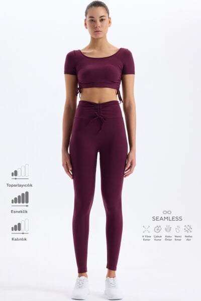 Biyeli Kemer Büzgü Detaylı Tayt Mürdüm