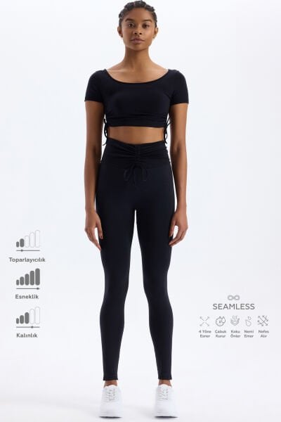 Biyeli Kemer Büzgü Detaylı Tayt Siyah