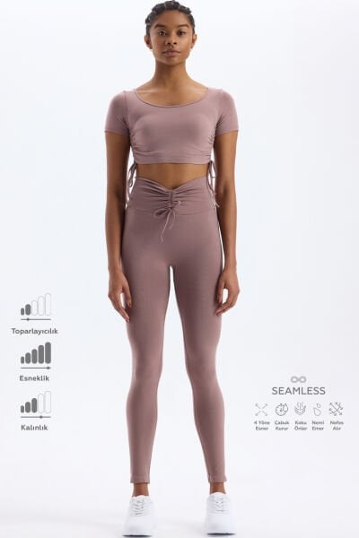 Biyeli Kemer Büzgü Detaylı Tayt Mocha