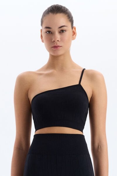 Tek Omuz Askılı Asimetrik Sporcu Bra Siyah