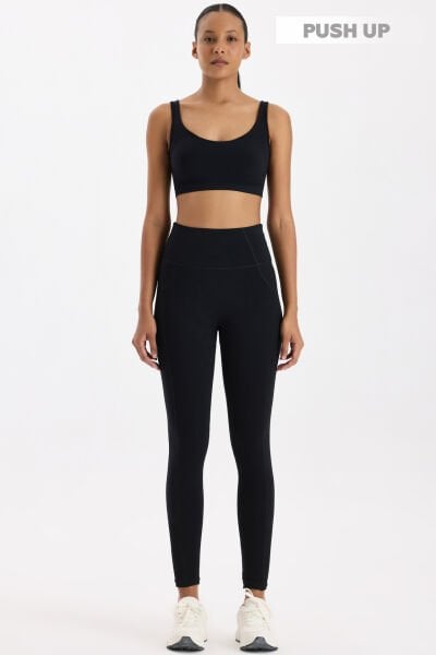 Yüksek Bel Dikiş Detaylı Push Up Tayt Siyah