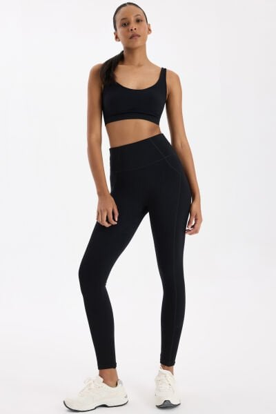 Yüksek Bel Dikiş Detaylı Push Up Tayt Siyah