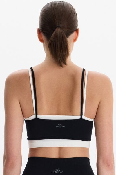 Üst Üste Geçmeli Pedli Spor Bra Beyaz/Siyah