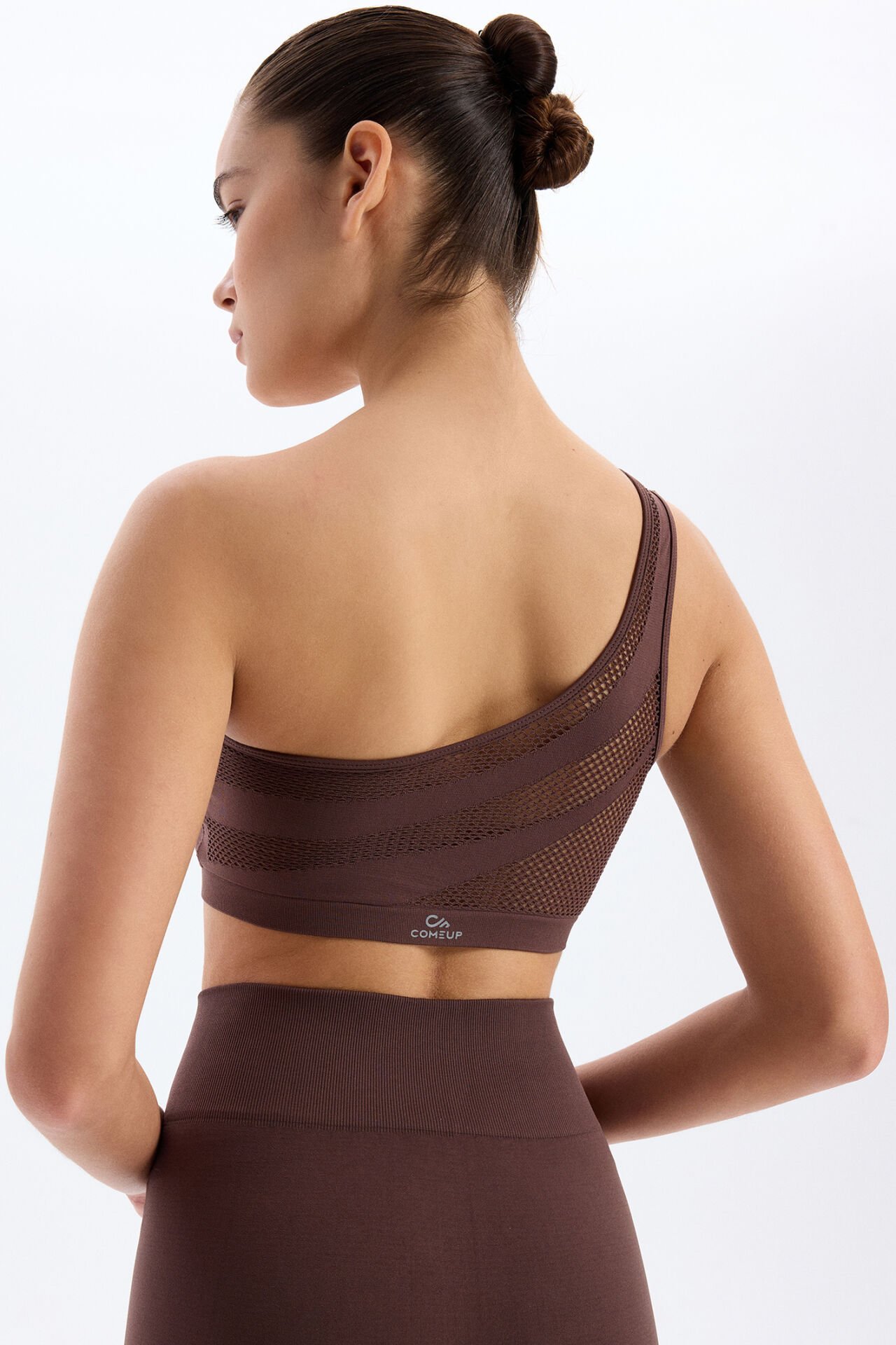 File Örgü Detaylı Tek Omuzlu Sporcu Sütyeni Kakao Kahve