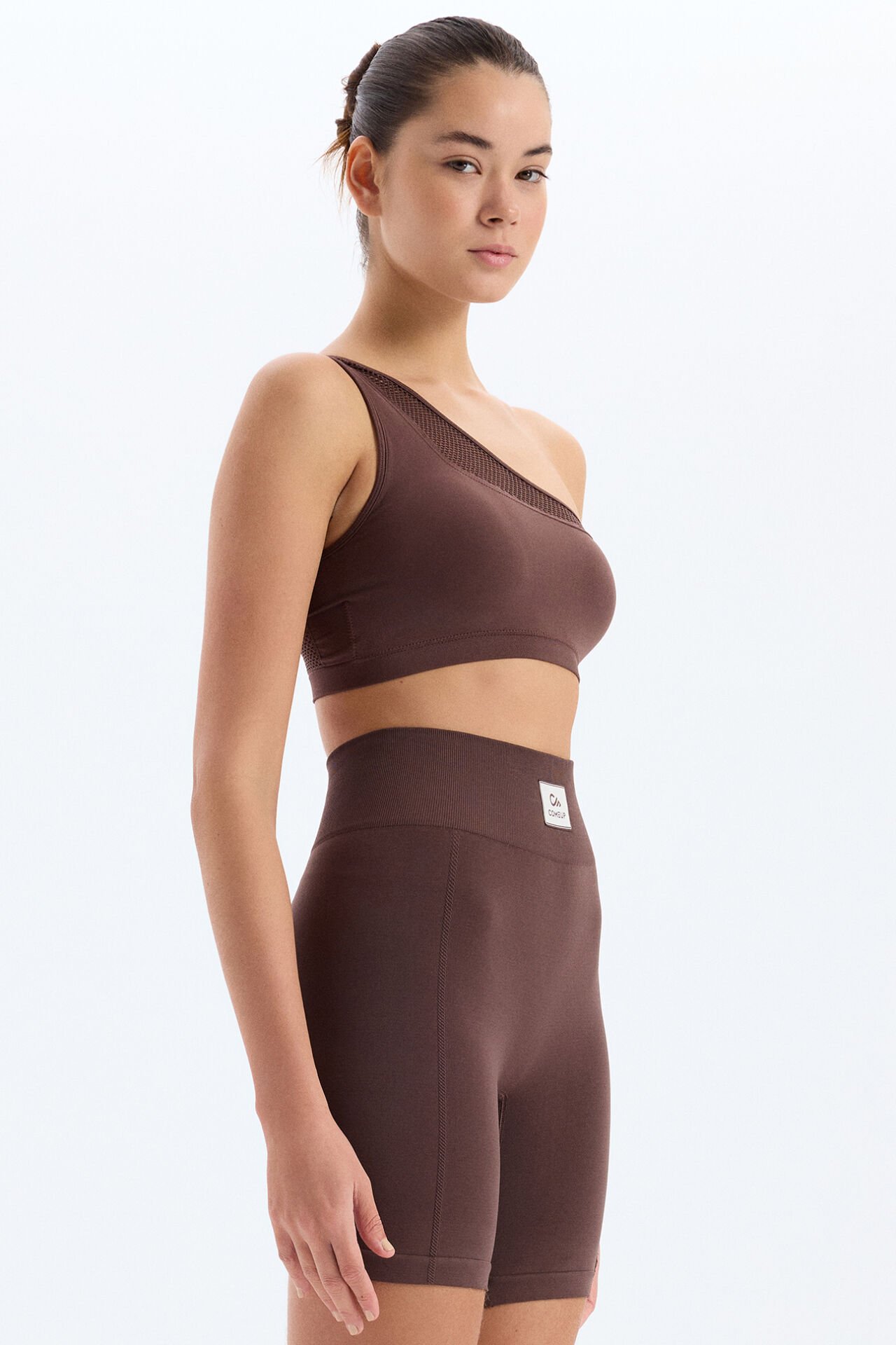 File Örgü Detaylı Tek Omuzlu Sporcu Sütyeni Kakao Kahve