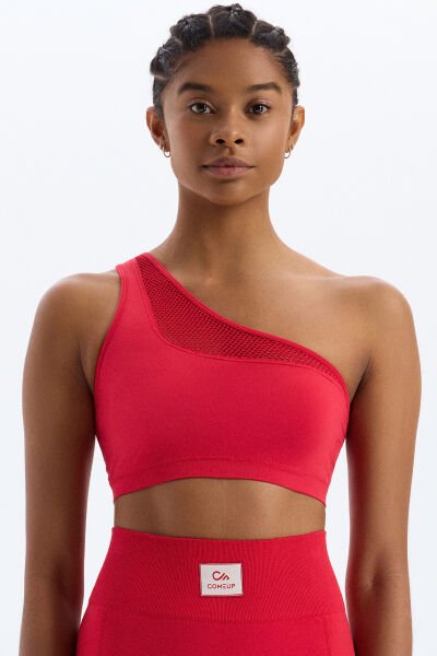 File Örgü Detaylı Tek Omuzlu Sporcu Sütyeni Kokina Kırmızı