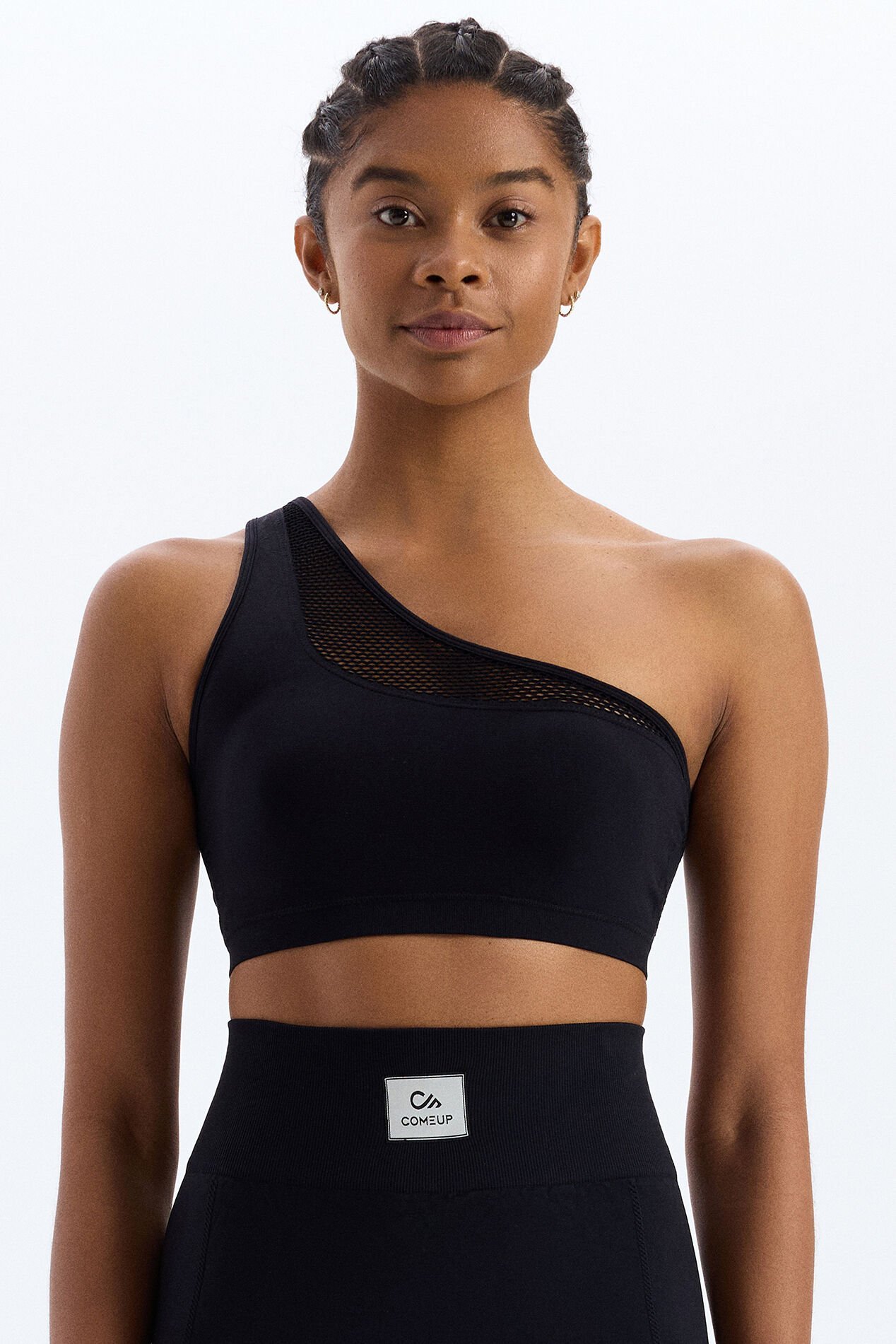 File Örgü Detaylı Tek Omuzlu Sporcu Sütyeni Siyah