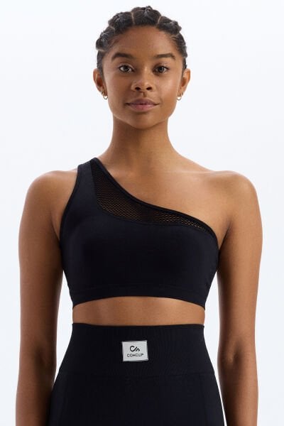 File Örgü Detaylı Tek Omuzlu Sporcu Sütyeni Siyah