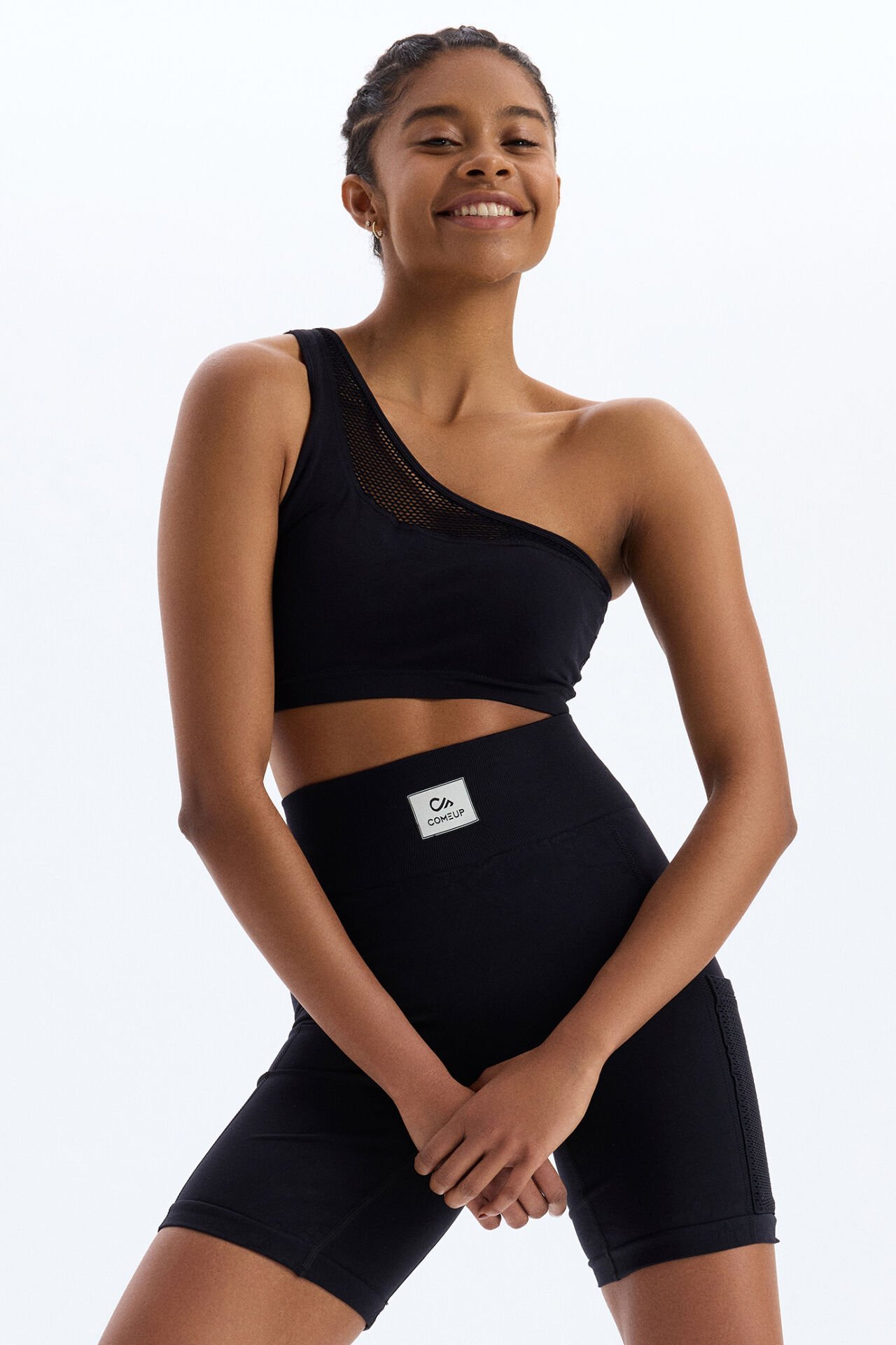 File Örgü Detaylı Tek Omuzlu Sporcu Sütyeni Siyah