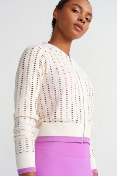 Fileli Spor Ceket Ekru