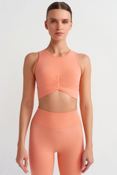 Sırtı Delikli Pedli Crop Üst Mercan