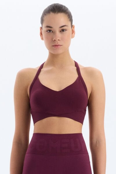 Önü V Arkası Şerit Detaylı Sporcu Sütyeni Mürdüm