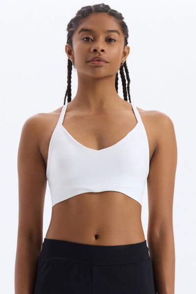 Önü V Arkası Şerit Detaylı Sporcu Sütyeni Beyaz