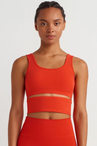 Parçalı ve Pedli Crop Top Ateş Kırmızı