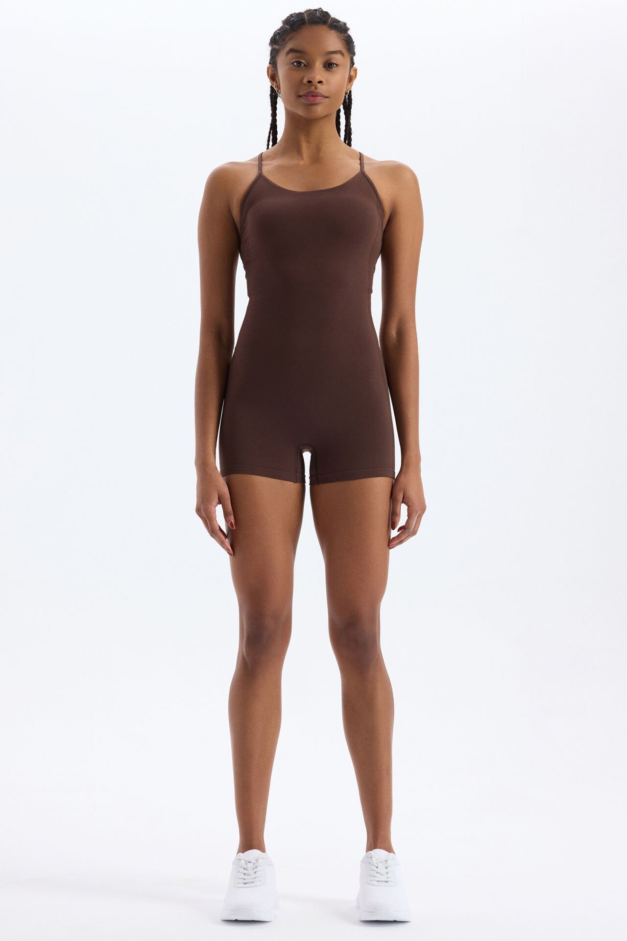 İp Askılı Sırtı Çapraz Detaylı Şort Tulum Kakao Kahve