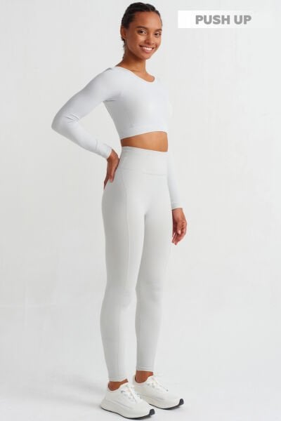 Yüksek Bel Dikiş Detaylı Push Up Tayt Taş Rengi