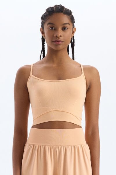 Çift Katlı Görünen İnce Askılı Crop Top Açık Somon