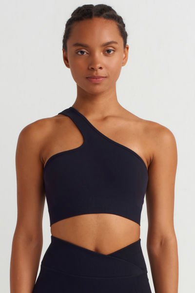 Tek Omuzlu Sırtı İpli Sporcu Sütyeni Siyah