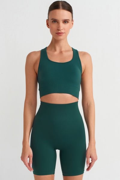 Çift Pencere Detaylı Sporcu Sütyeni Çam Yeşili