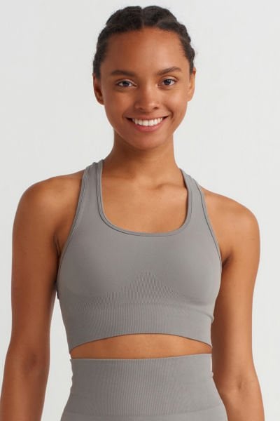 Çift Pencere Detaylı Sporcu Sütyeni Çöl Grisi