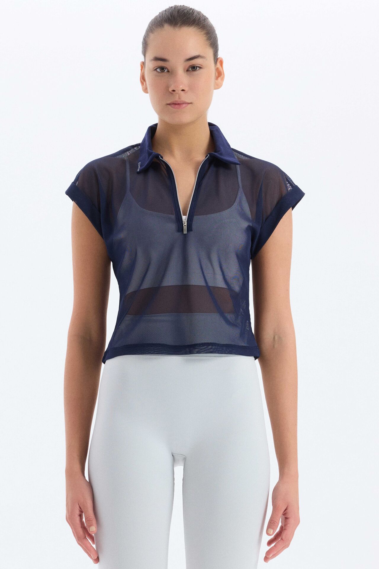 Fermuarlı Fileli Polo Yaka Tişört Lacivert