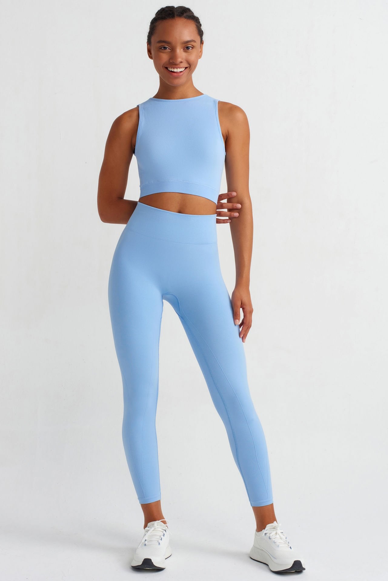 Göğüs Pedli Dokulu Sırtı Çapraz Crop Top Alice Mavi - Comeup