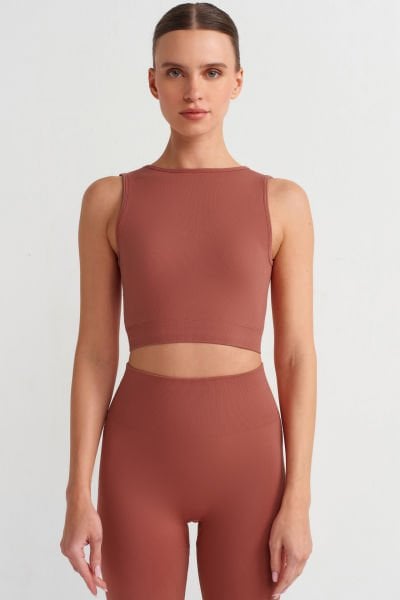 Göğüs Pedli Rib Dokulu Sırtı Çapraz Crop Top Kil Kırmızısı
