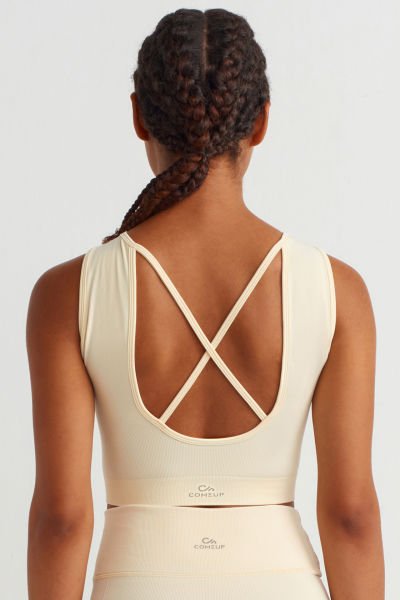 Göğüs Pedli Rib Dokulu Sırtı Çapraz Crop Top Soft Sarı