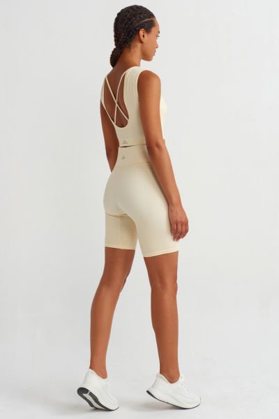 Göğüs Pedli Rib Dokulu Sırtı Çapraz Crop Top Soft Sarı