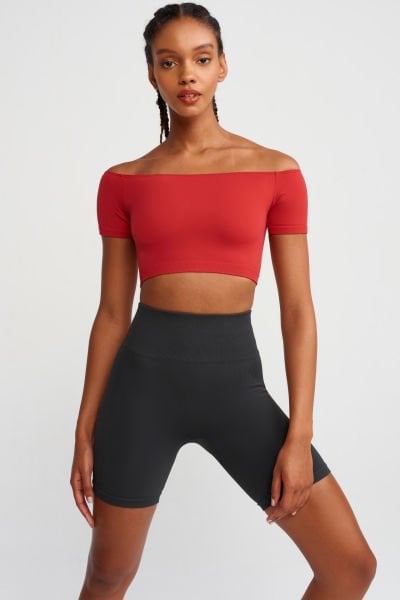 Omzu Açık Kısa Kollu Crop Top Kırmızı