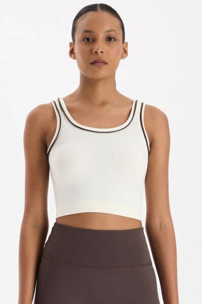 Kontrast Biyeli Fitilli Atlet Kırık Beyaz